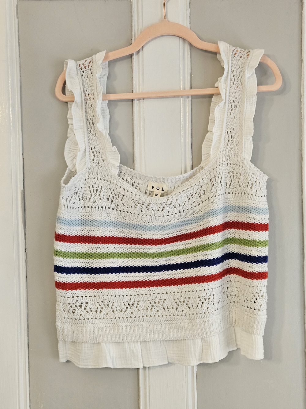 POL White Crochet Tank with Multicolor Stripes